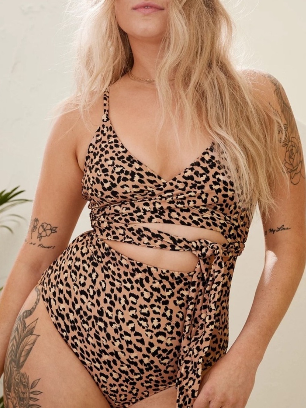 Aerie M Leopard Print One Piece Swimsuit Wrap Waist Ruffle Flowy Full Coverage